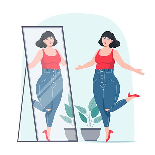 ilustração jovem com autoestima olhando no espelho