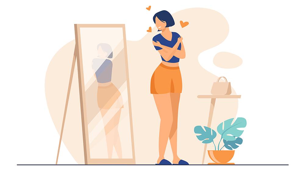 ilustração jovem se olhando no espelho com amor após criar hábitos saudáveis